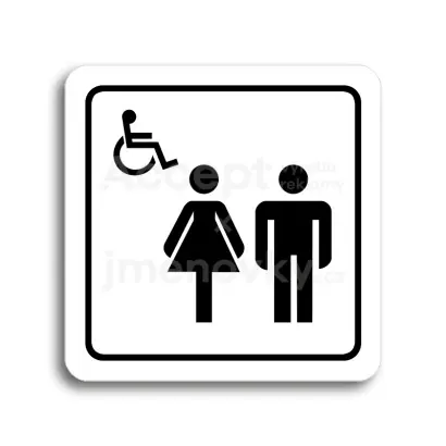 Piktogram "WC ženy, muži, invalidé II" - bílá tabulka - černý tisk
