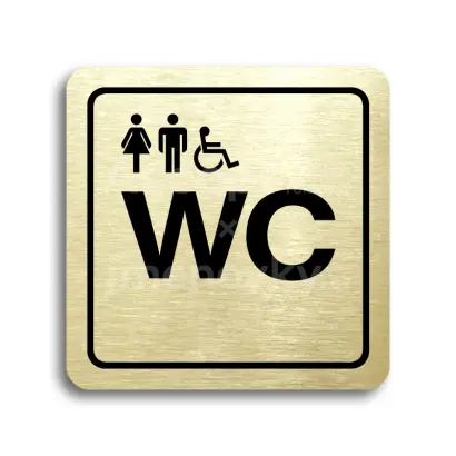 Piktogram "WC ženy, muži, invalidé" - zlatá tabulka - černý tisk