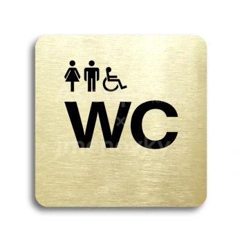 Piktogram "WC ženy, muži, invalidé" - zlatá tabulka - černý tisk bez rámečku