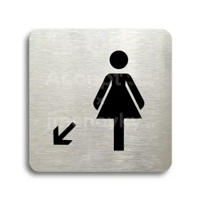 Piktogram "WC ženy vlevo dolů" - stříbrná tabulka - černý tisk bez rámečku