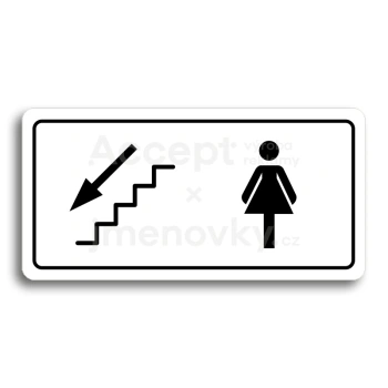 Piktogram "WC ŽENY VLEVO DOLŮ" - bílá tabulka - černý tisk