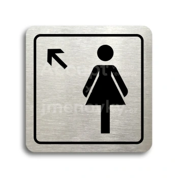 Piktogram "WC ženy vlevo nahoru" - stříbrná tabulka - černý tisk
