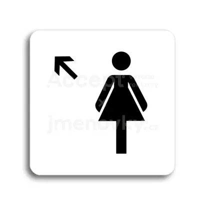 Piktogram "WC ženy vlevo nahoru" - bílá tabulka - černý tisk bez rámečku