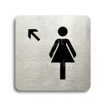 Piktogram "WC ženy vlevo nahoru" - stříbrná tabulka - černý tisk bez rámečku