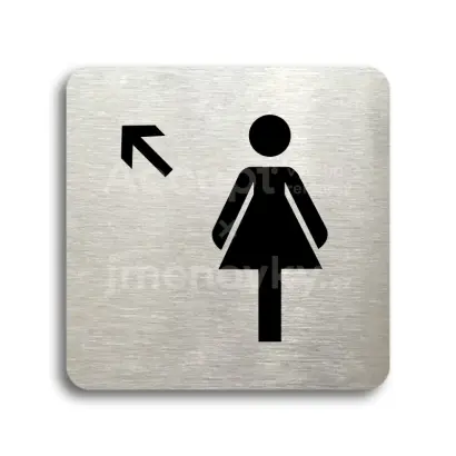 Piktogram "WC ženy vlevo nahoru" - stříbrná tabulka - černý tisk bez rámečku