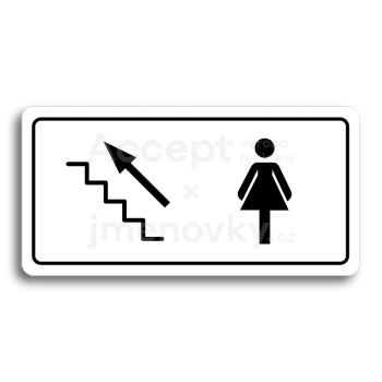 Piktogram "WC ŽENY VLEVO NAHORU" - bílá tabulka - černý tisk