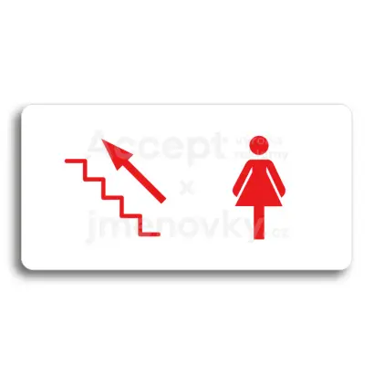 Piktogram "WC ŽENY VLEVO NAHORU" - bílá tabulka - barevný tisk bez rámečku