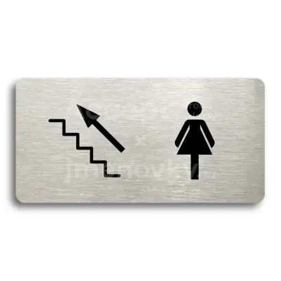 Piktogram "WC ŽENY VLEVO NAHORU" - stříbrná tabulka - černý tisk bez rámečku