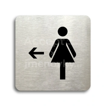 Piktogram "WC ženy vlevo" - stříbrná tabulka - černý tisk bez rámečku