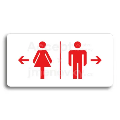 Piktogram "WC ŽENY VLEVO, WC MUŽI VPRAVO" - bílá tabulka - barevný tisk bez rámečku