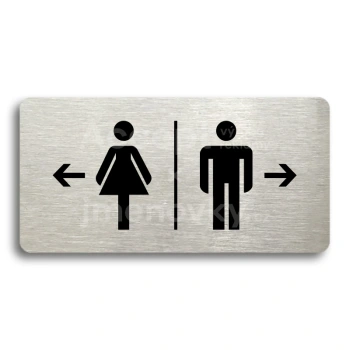 Piktogram "WC ŽENY VLEVO, WC MUŽI VPRAVO" - stříbrná tabulka - černý tisk bez rámečku