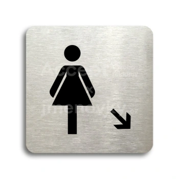 Piktogram "WC ženy vpravo dolů" - stříbrná tabulka - černý tisk bez rámečku