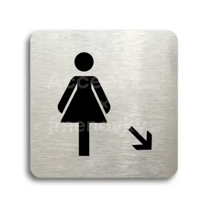 Piktogram "WC ženy vpravo dolů" - stříbrná tabulka - černý tisk bez rámečku