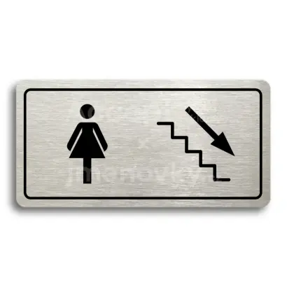 Piktogram "WC ŽENY VPRAVO DOLŮ" - stříbrná tabulka - černý tisk