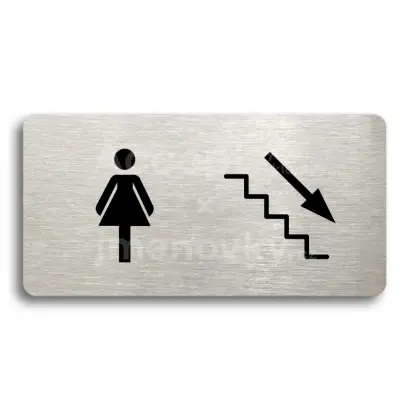 Piktogram "WC ŽENY VPRAVO DOLŮ" - stříbrná tabulka - černý tisk bez rámečku