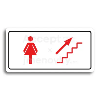 Piktogram "WC ŽENY VPRAVO NAHORU" - bílá tabulka - barevný tisk
