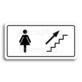 Piktogram "WC ŽENY VPRAVO NAHORU" - bílá tabulka - černý tisk