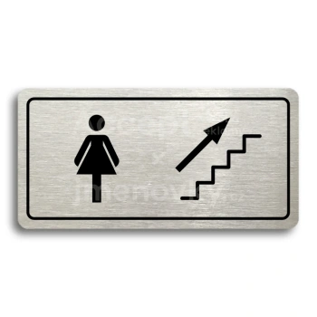 Piktogram "WC ŽENY VPRAVO NAHORU" - stříbrná tabulka - černý tisk