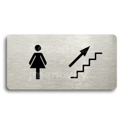 Piktogram "WC ŽENY VPRAVO NAHORU" - stříbrná tabulka - černý tisk bez rámečku