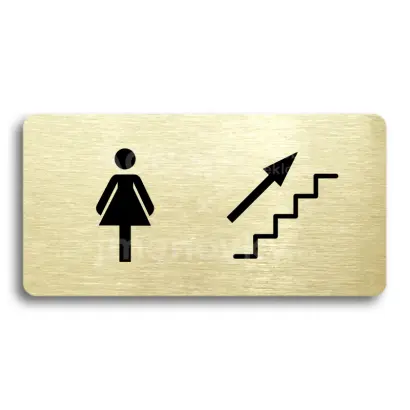 Piktogram "WC ŽENY VPRAVO NAHORU" - zlatá tabulka - černý tisk bez rámečku