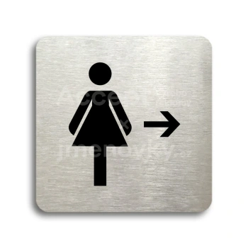 Piktogram "WC ženy vpravo" - stříbrná tabulka - černý tisk bez rámečku