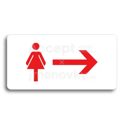 Piktogram "WC ŽENY VPRAVO" - bílá tabulka - barevný tisk bez rámečku