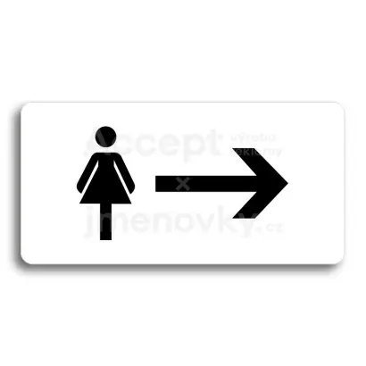 Piktogram "WC ŽENY VPRAVO" - bílá tabulka - černý tisk bez rámečku