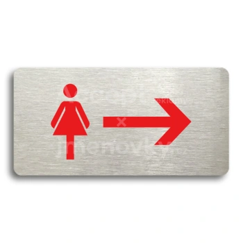 Piktogram "WC ŽENY VPRAVO" - stříbrná tabulka - barevný tisk bez rámečku